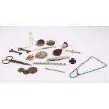 Works of art to include turquoise bead necklace, coronation brooch, Northamptonshire regiment cap