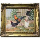 Clifford Knight (B1930), "Scratching About", depicting a cockerel and two hens beside a coop, signed