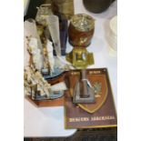 Works of art, to include a biscuit barrel, flat iron, plaque, ship book ends, etc, (qty)