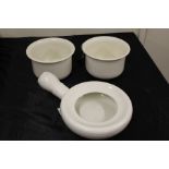 White porcelain bed pan and two white porcelain chamber pots (3)