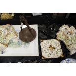 Pair of Bassano pottery wall pockets, shell caped with foliate design, print of Monaco, wall mounted