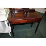 Victorian mahogany side table, with two frieze drawers, raised on turned legs, 90.5cm wide