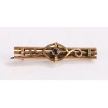 9 carat gold brooch, formed from three bars with central clear paste and scroll decoration, 1.9g