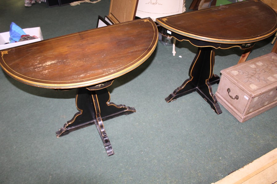 Pair of painted demi-lune occasional tables, with floral decorated friezes, 91cm wide