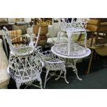 White painted circular metal patio table and four elbow chairs (5)