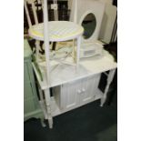 White, green and floral painted pine washstand, the three-quarter galleried top above two panelled