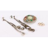 Single 9 carat gold earring set with three pearls, pair of white metal earrings with teardrop