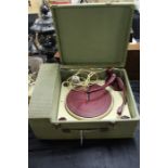 Collaro high fidelity record player, housed in a green tweed effect case