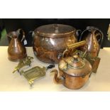 Collection of copper and brass items, to include a large copper pot, two haystack jugs, a kettle,