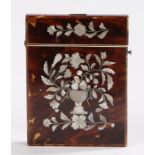 Victorian tortoiseshell and mother of pearl inlaid card case, with flowers to the centre, 10.5cm
