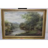 A.V. riverside scene with tree lined footpath, initialled oil on canvas, housed in a gilt and glazed