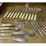 Plated flatware with silver collars, to include fish knives and forks, tea knives, plated sugar