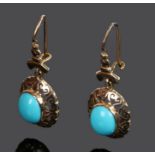 Pair of turquoise earrings, the turquoise cabochon heads with a fret yellow metal surround, 13mm