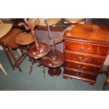 Mahogany veneered chest of four drawers, on bracket feet, two tier occasional table, three wine