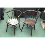 Pair of Yugoslavian elbow chairs, the down-swept cresting rail on turned spindle supports, solid