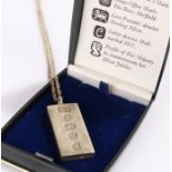 Silver ingot pendant, Queen Elizabeth II silver jubilee 1977, on a silver necklace, 36g