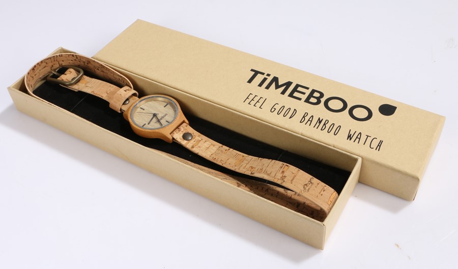 Timeboo bamboo wristwatch, the signed dial with baton markers, on a long cork bracelet, the case