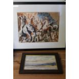 20th Century school, river scene, indistinctly signed watercolour, together with a picture of the