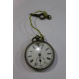 Continental silver open face pocket watch, the white dial with Roman numerals and subsidiary seconds