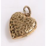 9 carat gold heart shaped locket, with scroll decoration, 1.5g