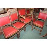 Set of six oak dining chairs, with turned spindles to the scroll carved cresting rails, red