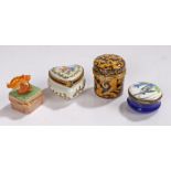 Four trinket boxes, three porcelain examples and an enamel example, (4)