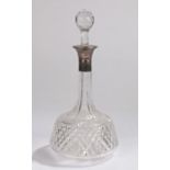 Sliver and cut glass decanter, with a silver collar above the body, 30cm high