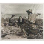 19th Century engraving, depicting a fisherman telling a tale to two young boys, indistinctly