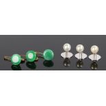 9 carat white gold and pearl studs, together with three jade buttons, (6) From the estate of the