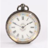 Continental silver ladies open face pocket watch, the white dial with Roman numerals and outer