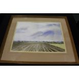 Landscape scene with expanse of blue sky, unsigned watercolour, housed in a glazed frame, the
