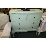 Green painted pine chest of two short and three long drawers, raised on cabriole legs, 100cm wide