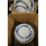 Royal Doulton Raby blue and white dinner service, transfer decorated with foliage, consisting of two