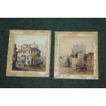 Pair of watercolours depicting continental street scenes, unframed, the watercolours 14cm x 16cm