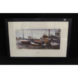 Bernard Morinay, fishing vessels on a beach, pencil signed print, housed in a glazed blue frame, the