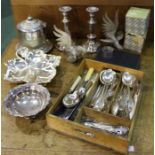 Collection of silver plated wares, to include a pair of candlesticks, table ornament cockerels,