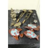 Pair of ecclesiastical lantern holders, incense burner, hanging lamp, brass pot and cover, three