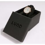 Lund rose gold coloured watch, the signed cream dial with rose gold coloured baton markers, quartz