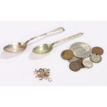 9 carat gold pendant mounts, AF, 2.4g, silver teaspoon, plated apostle teaspoon, coins (qty)