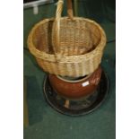 Painted wooden dairy bowl with bird and foliate decoration, stoneware crock, wicker basket (3)