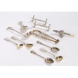 Silver and plated ware,, to include silver teething rattle, sugar tongs, caddy spoon, knife rests,