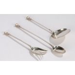 George V silver serving fork, long handled spoon and server with flattened circular terminal, London