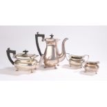 Plated four piece tea and coffee set, consisting of teapot and coffee pot with angular ebonised