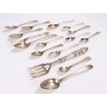 Silver flatware, various dates and makers, to include dessert spoons, teaspoons, mustard spoon, etc.