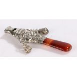 Edward VII silver silver baby rattle, Birmingham 1904, makers mark rubbed, with agate teether, two