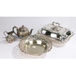 Plated ware to include tureen and cover with detachable handle, bachelors teapot and milk jug with