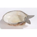 Unusual continental silver and oyster shell small dish/spoon, the silver handle in the form of a