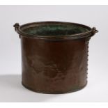 19th Century copper bucket, with brass swing handle, 37cm diameterBucket with dents and scratches