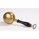 19th Century brass muffin bell, with turned ebonised handle and ring finial, 24cm longLight