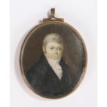 George III miniature portrait, of a gentleman with white hair above a white ruff and deep blue